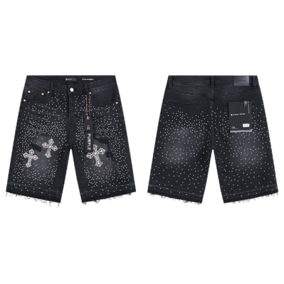 Black Washed Denim Shorts with All-Over Rhinestone Studded Trim and Cross Motifs